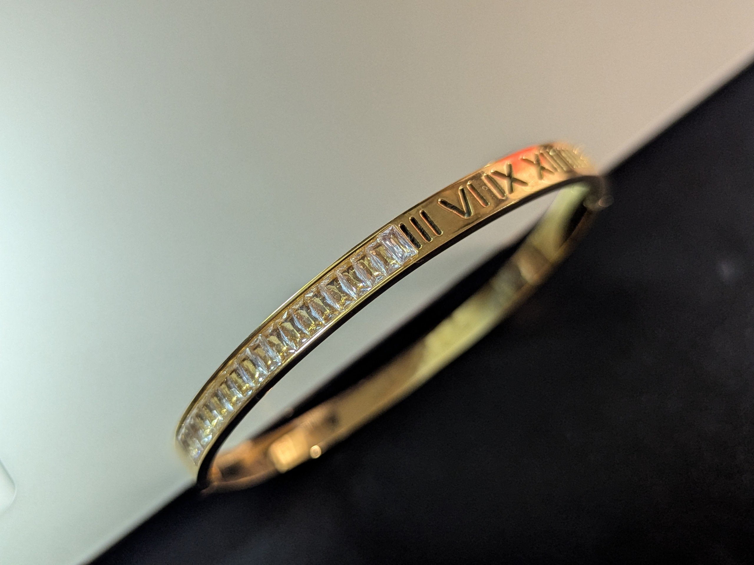Luxury Men's Cubic Zirconia Crown Bracelet – Roman Numeral Cuff Bangle (Yellow Gold Filled)
