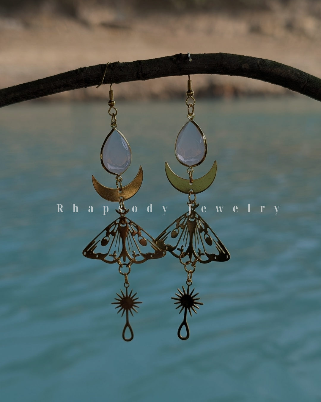 Moth Earrings extra long white stone